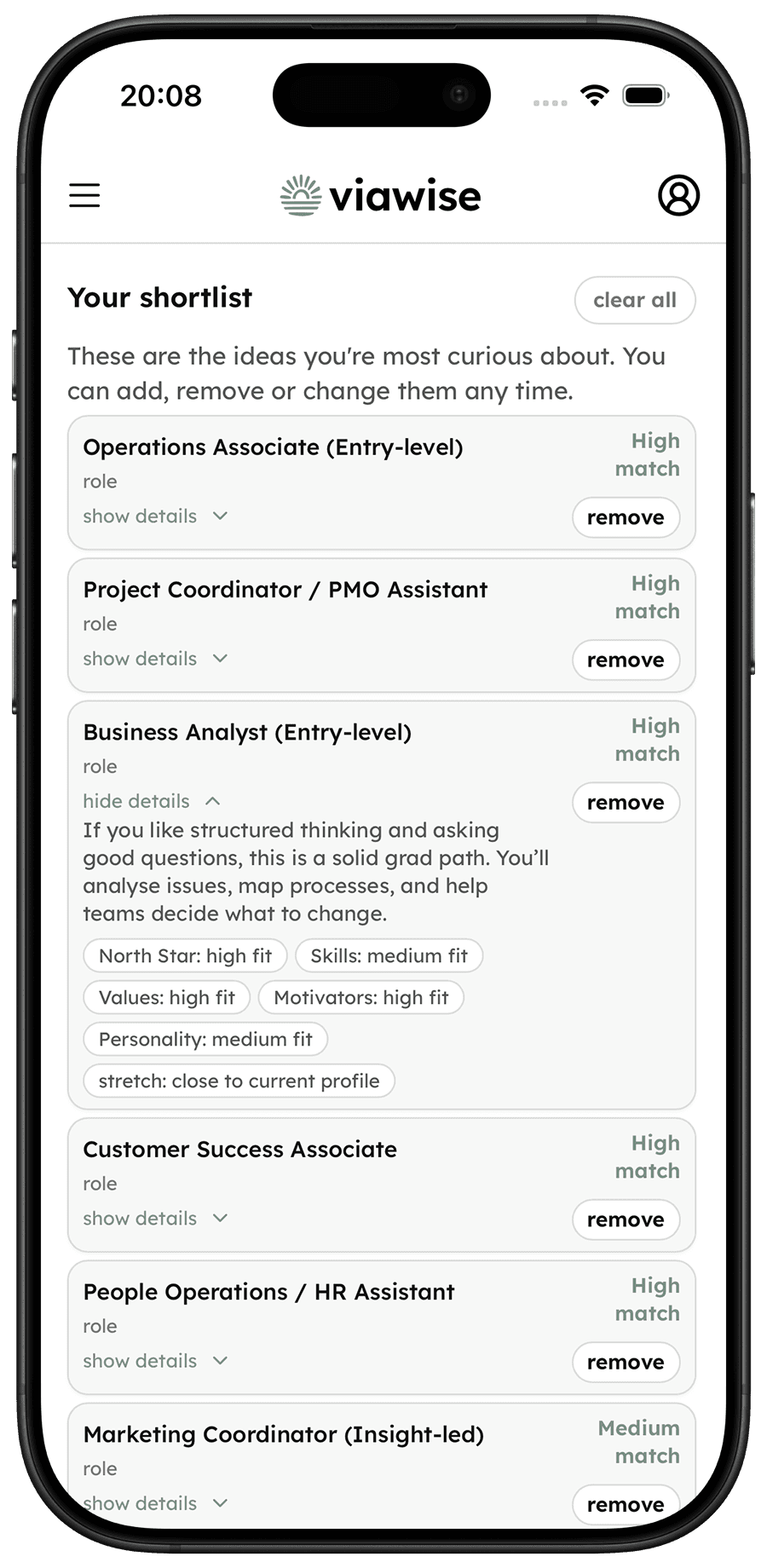 Viawise career ideas ranked shortlist screen